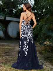 Mermaid V-neck Lace Up Tulle Gown Dark Navy Plus Size