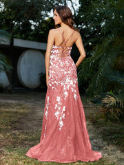Mermaid V-neck Lace Up Tulle Gown Flamingo