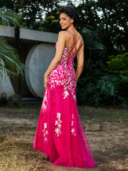 Mermaid V-neck Lace Up Tulle Gown Fuchsia Plus Size