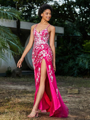 Mermaid V-neck Lace Up Tulle Gown Fuchsia Plus Size