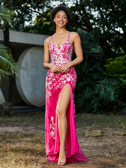 Mermaid V-neck Lace Up Tulle Gown Fuchsia Plus Size