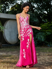 Mermaid V-neck Lace Up Tulle Gown Fuchsia Plus Size