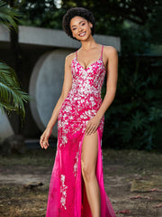 Mermaid V-neck Lace Up Tulle Gown Fuchsia Plus Size