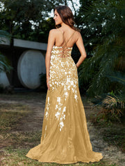 Mermaid V-neck Lace Up Tulle Gown Gold Plus Size