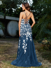 Mermaid V-neck Lace Up Tulle Gown Ink Blue