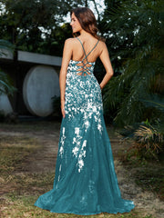 Mermaid V-neck Lace Up Tulle Gown Jade Plus Size