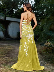 Mermaid V-neck Lace Up Tulle Gown Lemon Plus Size