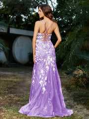 Mermaid V-neck Lace Up Tulle Gown Lilac