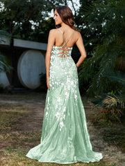 Mermaid V-neck Lace Up Tulle Gown Mint Green
