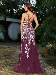 Mermaid V-neck Lace Up Tulle Gown Mulberry Plus Size