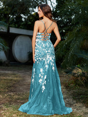 Mermaid V-neck Lace Up Tulle Gown Pool Plus Size