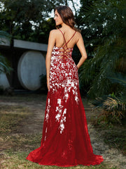 Mermaid V-neck Lace Up Tulle Gown Red