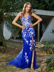 Mermaid V-neck Lace Up Tulle Gown Royal Blue