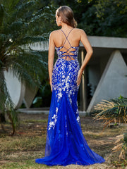 Mermaid V-neck Lace Up Tulle Gown Royal Blue