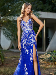 Mermaid V-neck Lace Up Tulle Gown Royal Blue