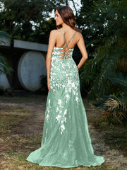 Mermaid V-neck Lace Up Tulle Gown Sage Plus Size