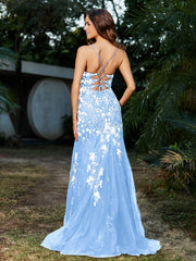 Mermaid V-neck Lace Up Tulle Gown Sky Blue