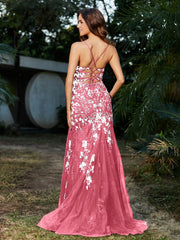 Mermaid V-neck Lace Up Tulle Gown Watermelon Plus Size