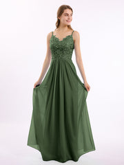 Long Spaghetti Straps Chiffon Dress with Lace Top Olive Green