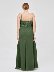 Long Spaghetti Straps Chiffon Dress with Lace Top Olive Green