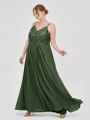 Long Spaghetti Straps Chiffon Dress with Lace Top Olive Green