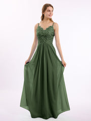 Long Spaghetti Straps Chiffon Dress with Lace Top Olive Green