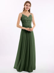 Long Spaghetti Straps Chiffon Dress with Lace Top Olive Green
