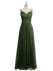 Long Spaghetti Straps Chiffon Dress with Lace Top Olive Green
