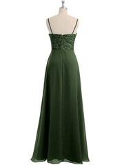 Long Spaghetti Straps Chiffon Dress with Lace Top Olive Green