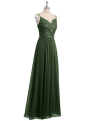 Long Spaghetti Straps Chiffon Dress with Lace Top Olive Green