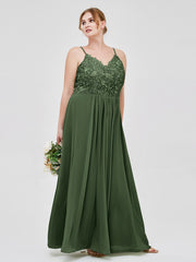 Long Spaghetti Straps Chiffon Dress with Lace Top Olive Green