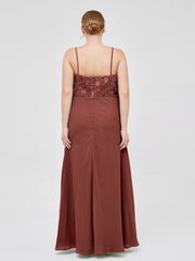 Long Spaghetti Straps Chiffon Dress with Lace Top Terracotta