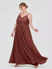 Long Spaghetti Straps Chiffon Dress with Lace Top Terracotta