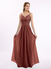 Long Spaghetti Straps Chiffon Dress with Lace Top Terracotta