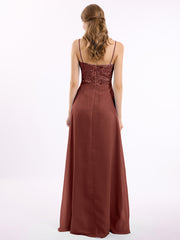 Long Spaghetti Straps Chiffon Dress with Lace Top Terracotta