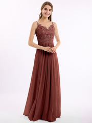 Long Spaghetti Straps Chiffon Dress with Lace Top Terracotta