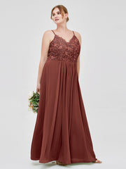 Long Spaghetti Straps Chiffon Dress with Lace Top Terracotta