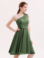 One Shoulder Short Dresses with Lace Bodice Olive Green