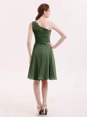One Shoulder Short Dresses with Lace Bodice Olive Green