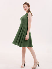 One Shoulder Short Dresses with Lace Bodice Olive Green