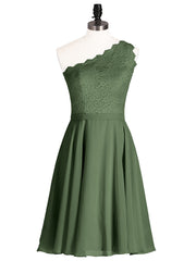 One Shoulder Short Dresses with Lace Bodice Olive Green