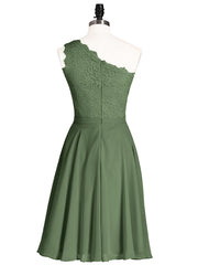One Shoulder Short Dresses with Lace Bodice Olive Green