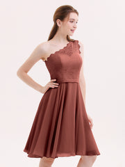 One Shoulder Short Dresses with Lace Bodice Terracotta