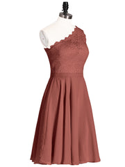 One Shoulder Short Dresses with Lace Bodice Terracotta