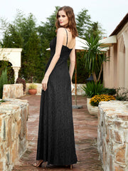 Square Neckline Long Lace Dress With Slit Black