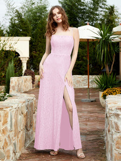 Square Neckline Long Lace Dress With Slit Blushing Pink