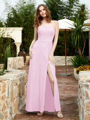 Square Neckline Long Lace Dress With Slit Blushing Pink Plus Size