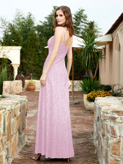 Square Neckline Long Lace Dress With Slit Blushing Pink