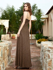 Square Neckline Long Lace Dress With Slit Brown