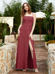 Square Neckline Long Lace Dress With Slit Burgundy